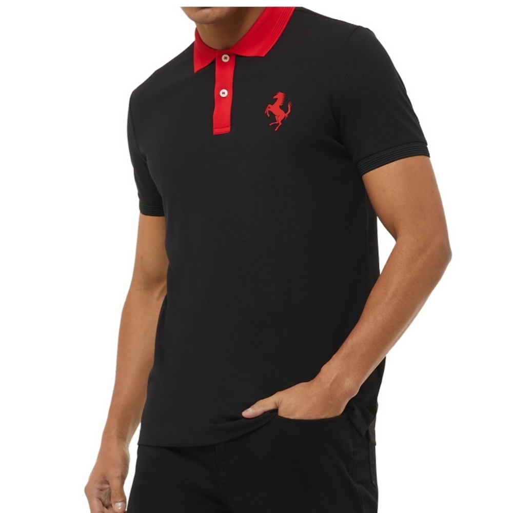 Ferrari Men's Organic Cotton Prancing Horse Polo Black & Red Size Medium NWT